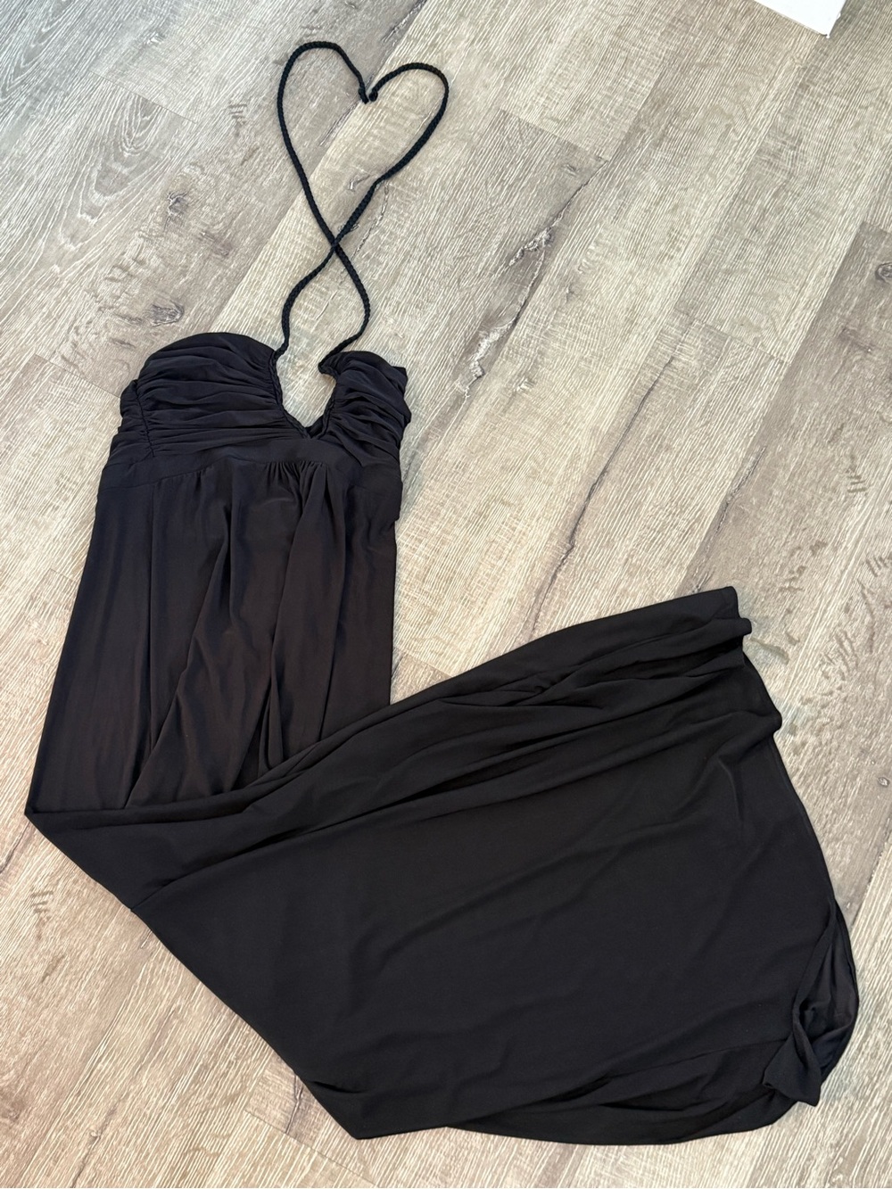 T-Bags Los Angeles Black Halter Maxi Dress Size S Ruched Stretch Made USA